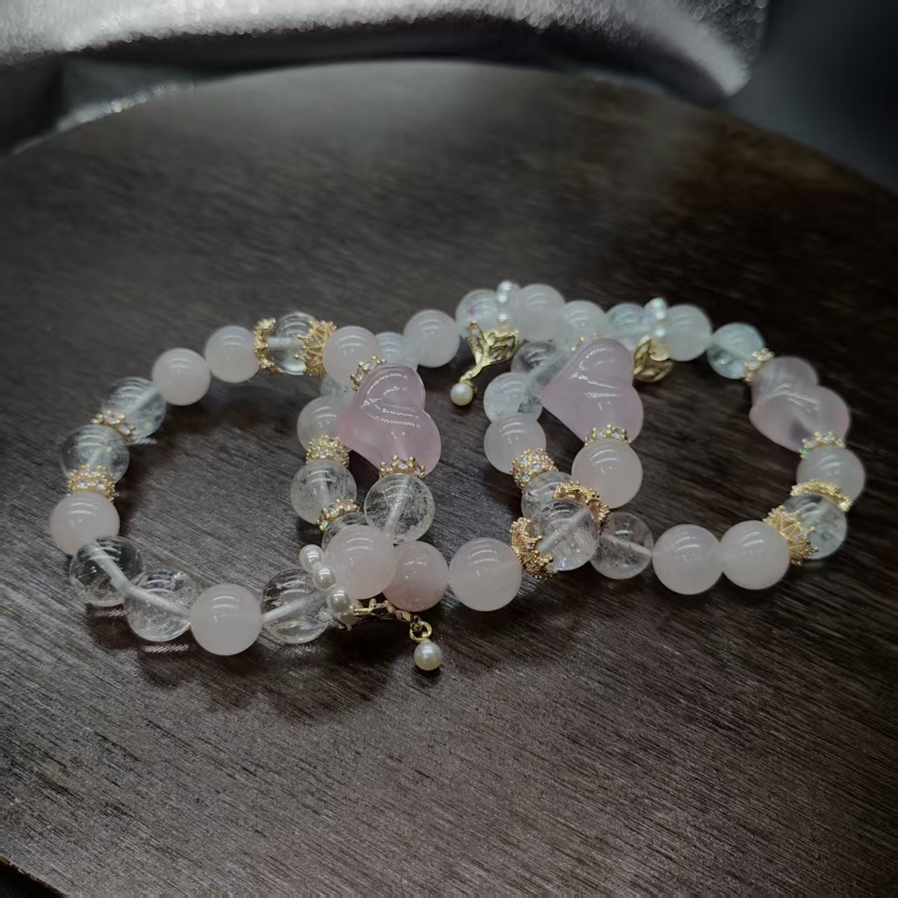 硕夏天然粉水晶12-13mm+爱心设计款手链多样性发其一SX0861