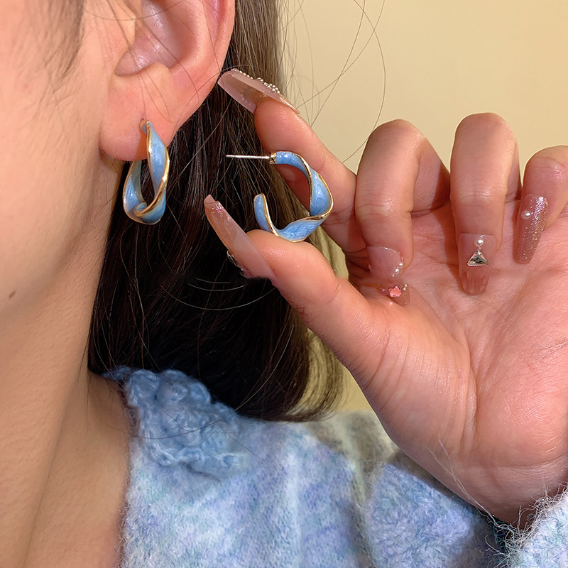 铜合金耳饰 银针蓝色系滴油清新耳钉女个性气质耳环轻奢