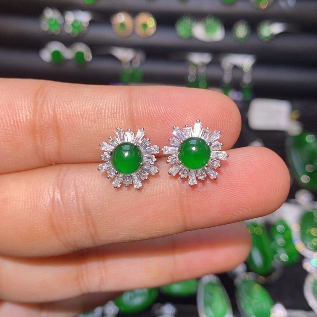 翡翠银S925镶嵌耳饰天然翡翠