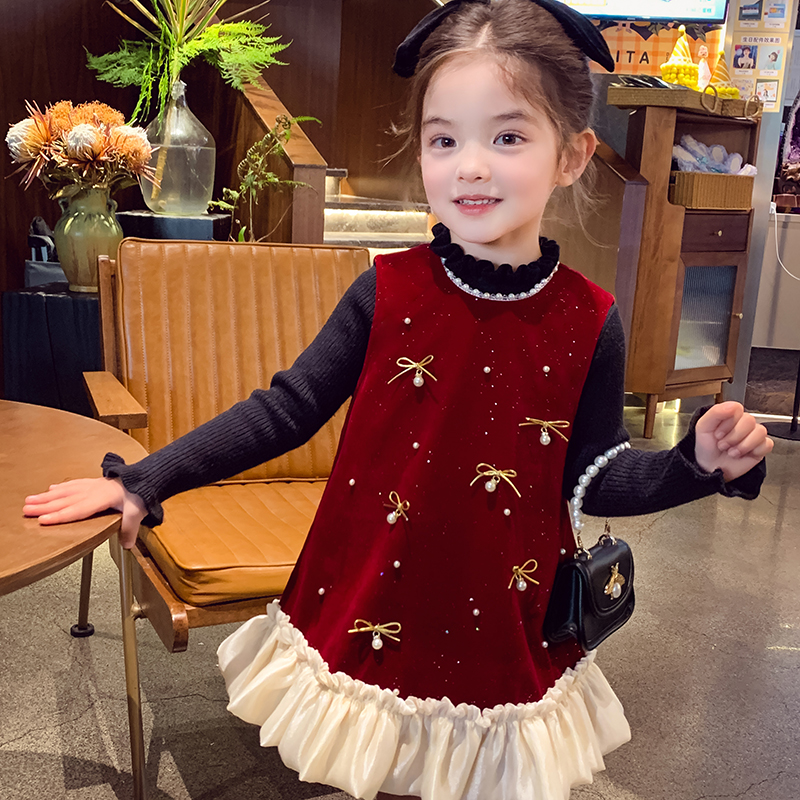 女童加绒连衣裙冬装2025新款洋气儿童名媛风丝绒背心裙女孩礼服裙