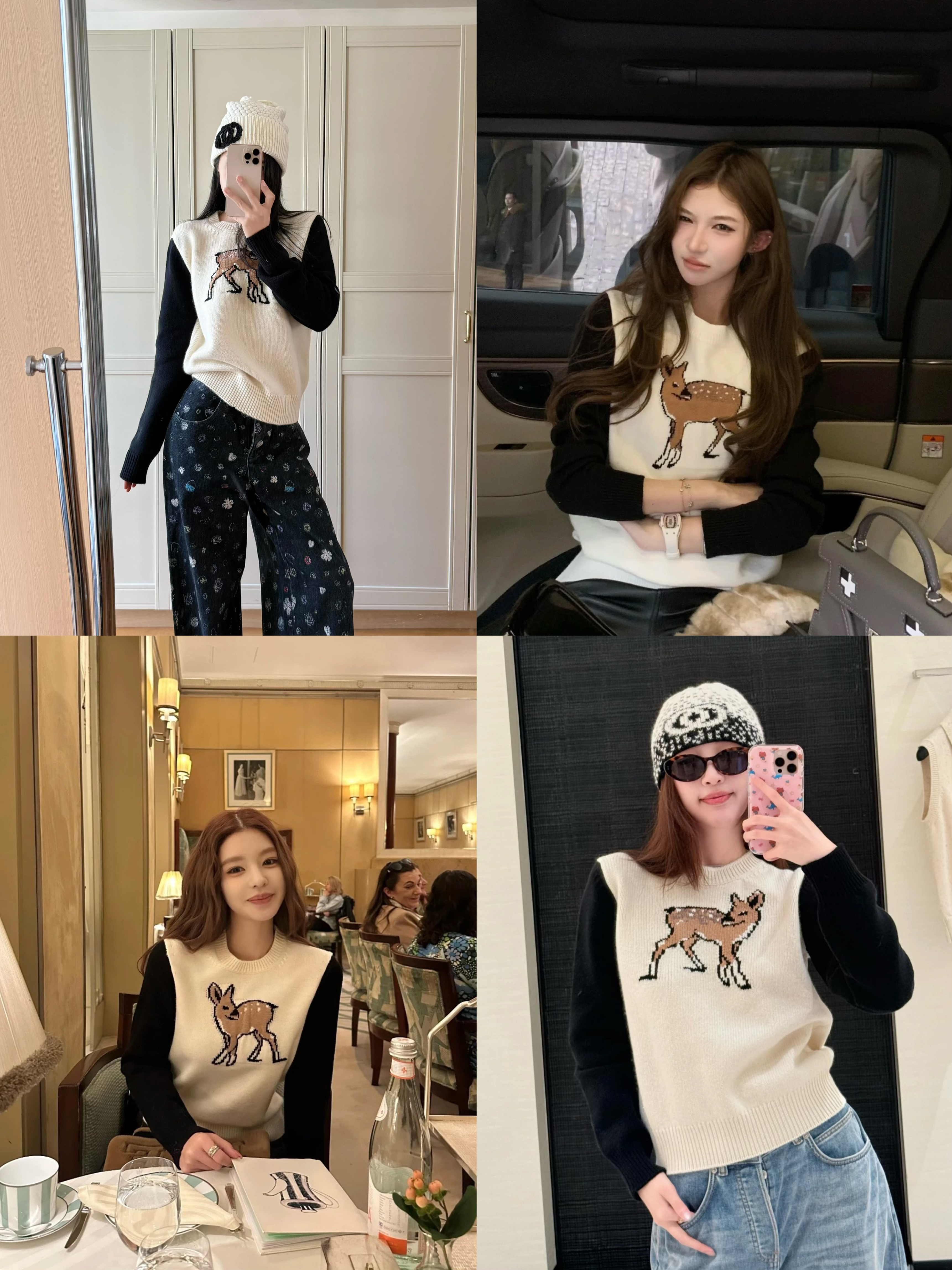 童趣可爱 梅花鹿提花减龄圆领套头拼色长袖针织毛衣80427