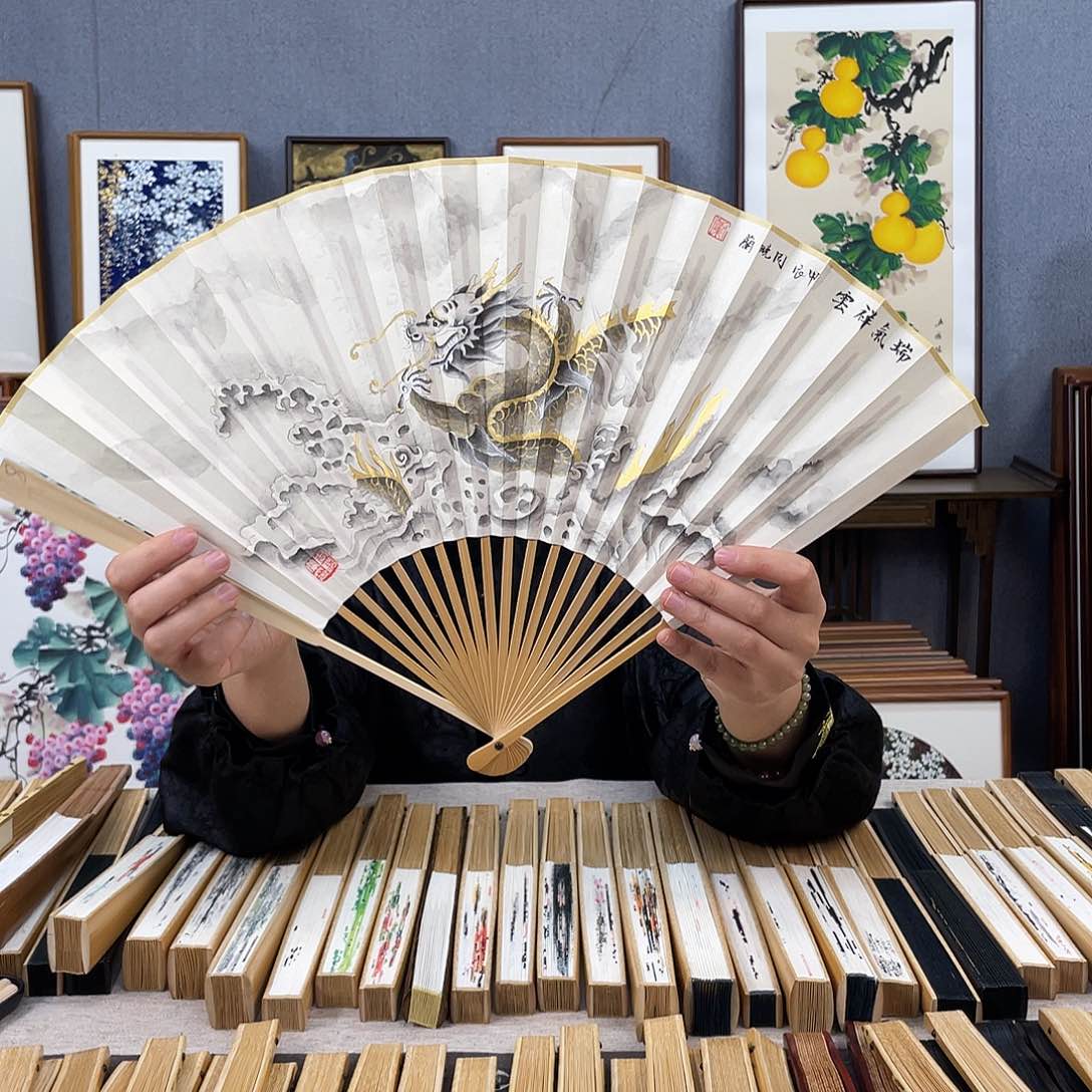 国画95寸玉竹-纯手绘-文玩扇骨（默认粘好）