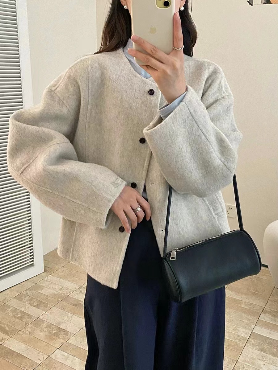CHUMU/储慕纯色双面羊绒大衣女宽松显瘦百搭手工毛呢短外套上衣