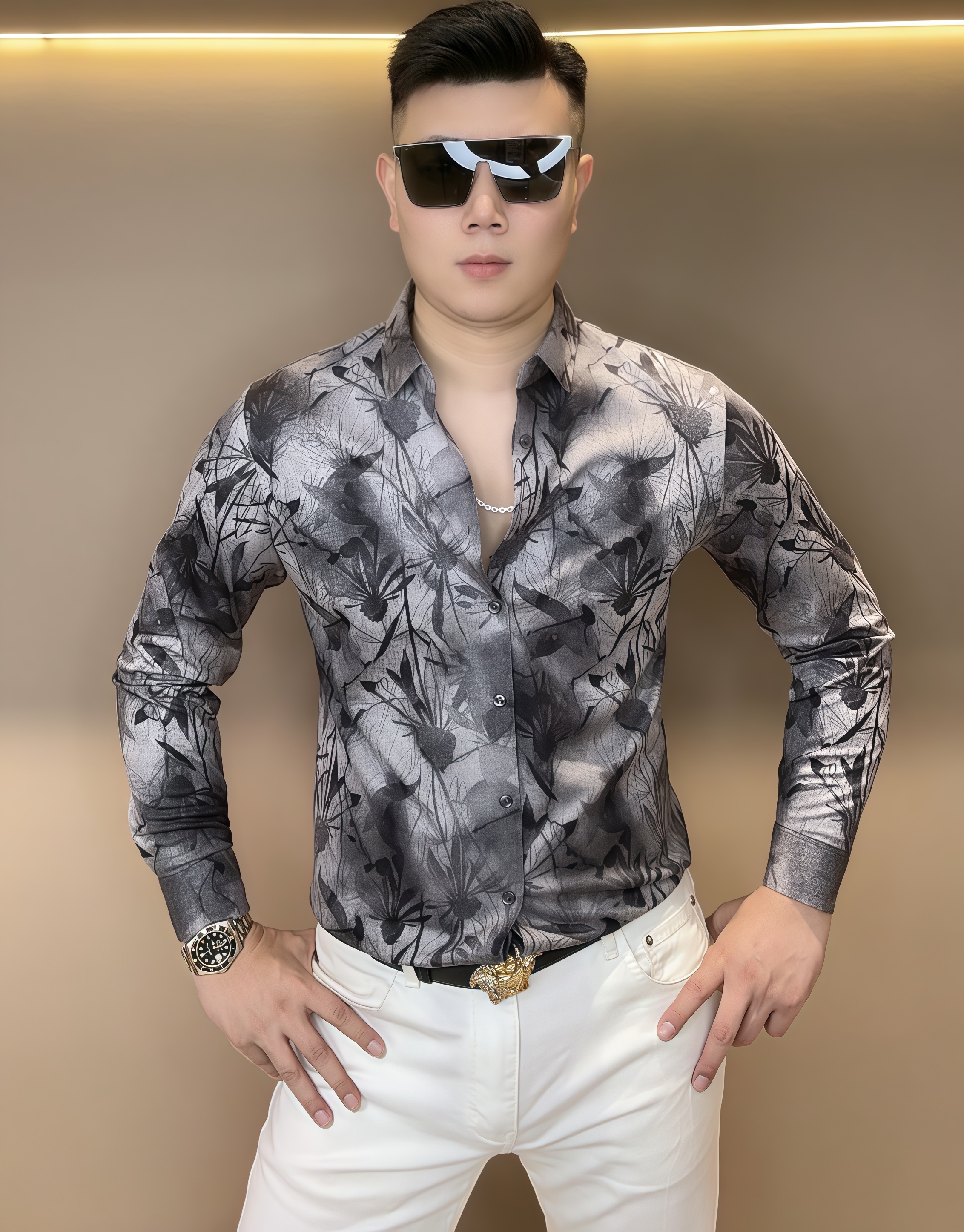 【泡面锅男装】2025秋季男士时尚印花弹力修身长袖衬衣 7092
