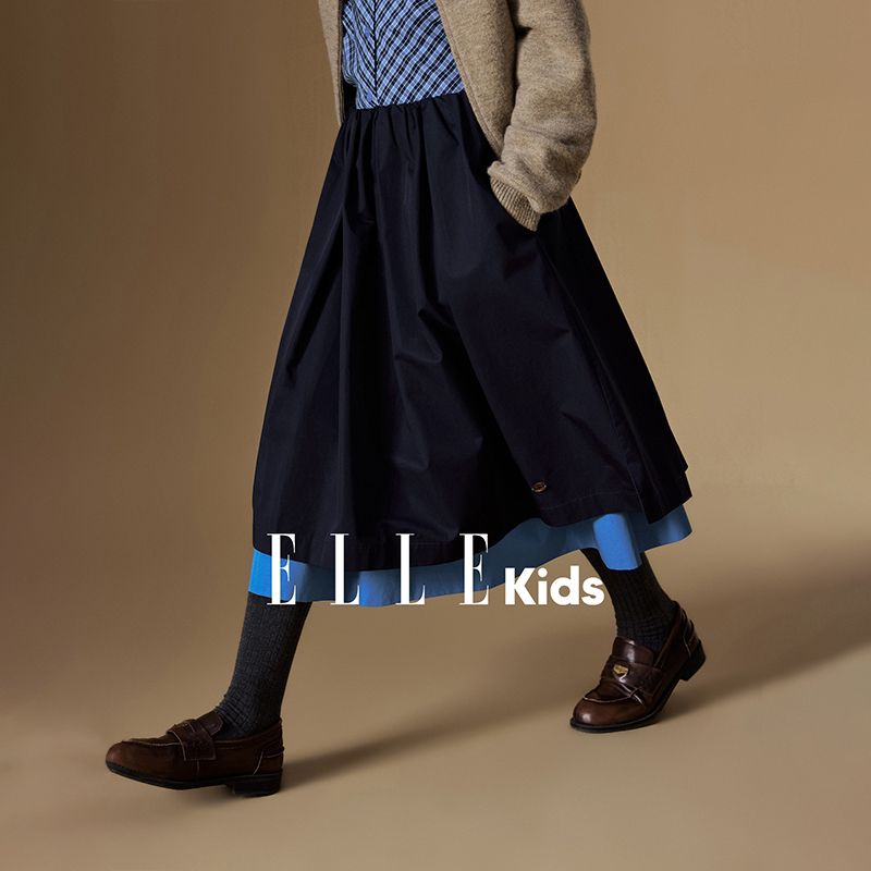 ELLE KIDS 蓬蓬大摆半身裙女儿童秋季新款拼接撞色A字纯棉裙子F5