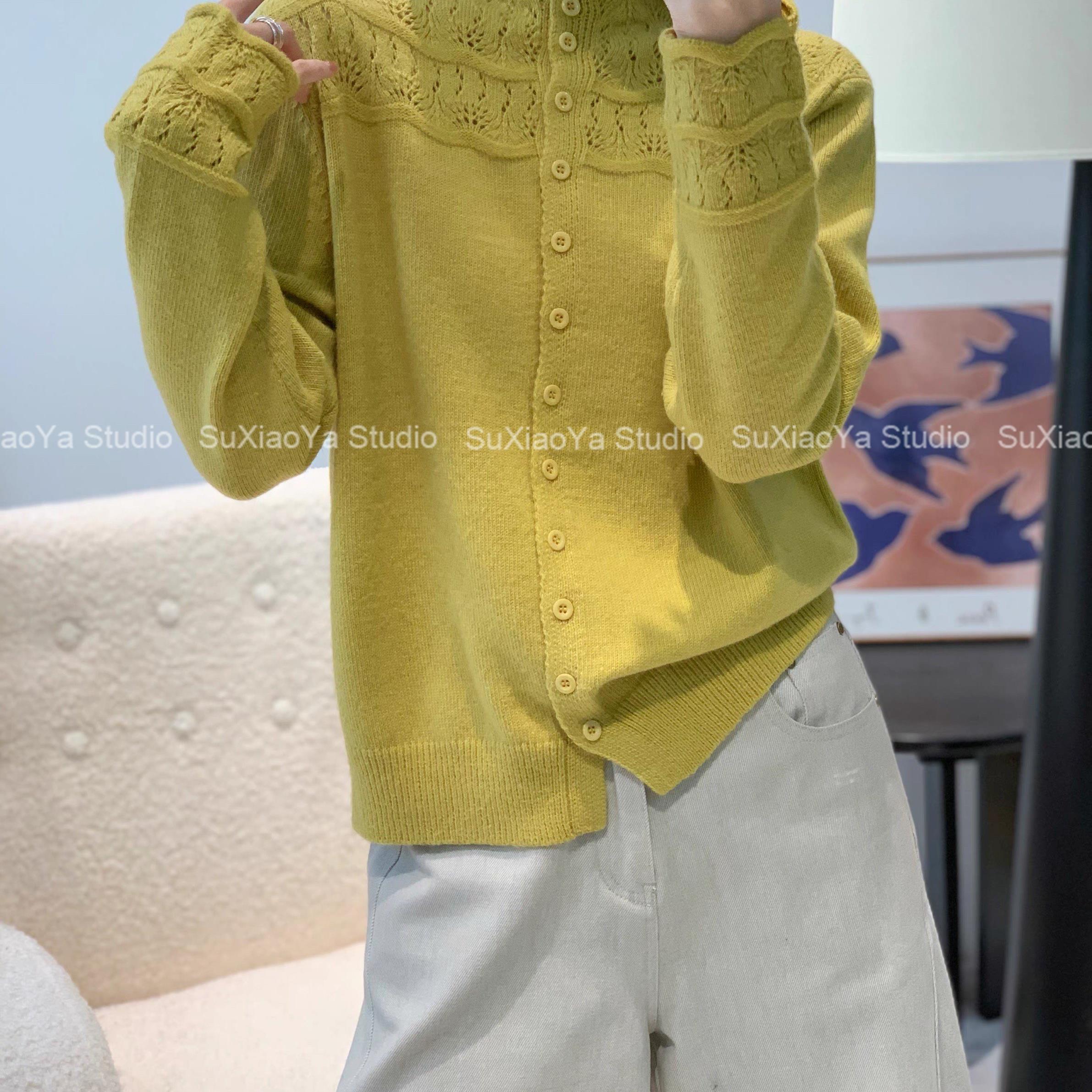 【波浪钩花单排扣黄】秋冬新款纯色针织开衫上衣时尚打底衫