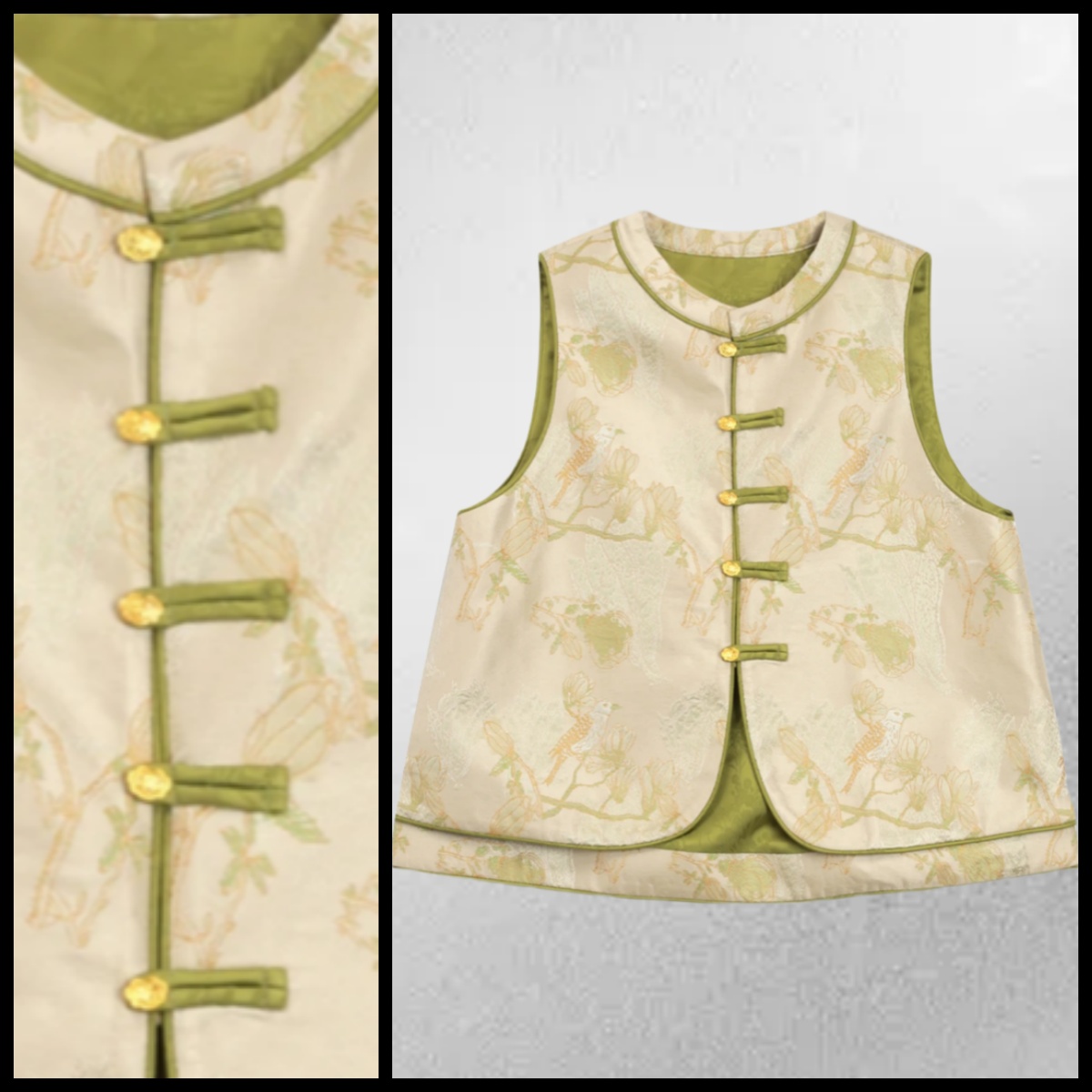 【奕泽优选】绿檬--新中式国风网红织锦马甲盘口时尚减龄马甲9916