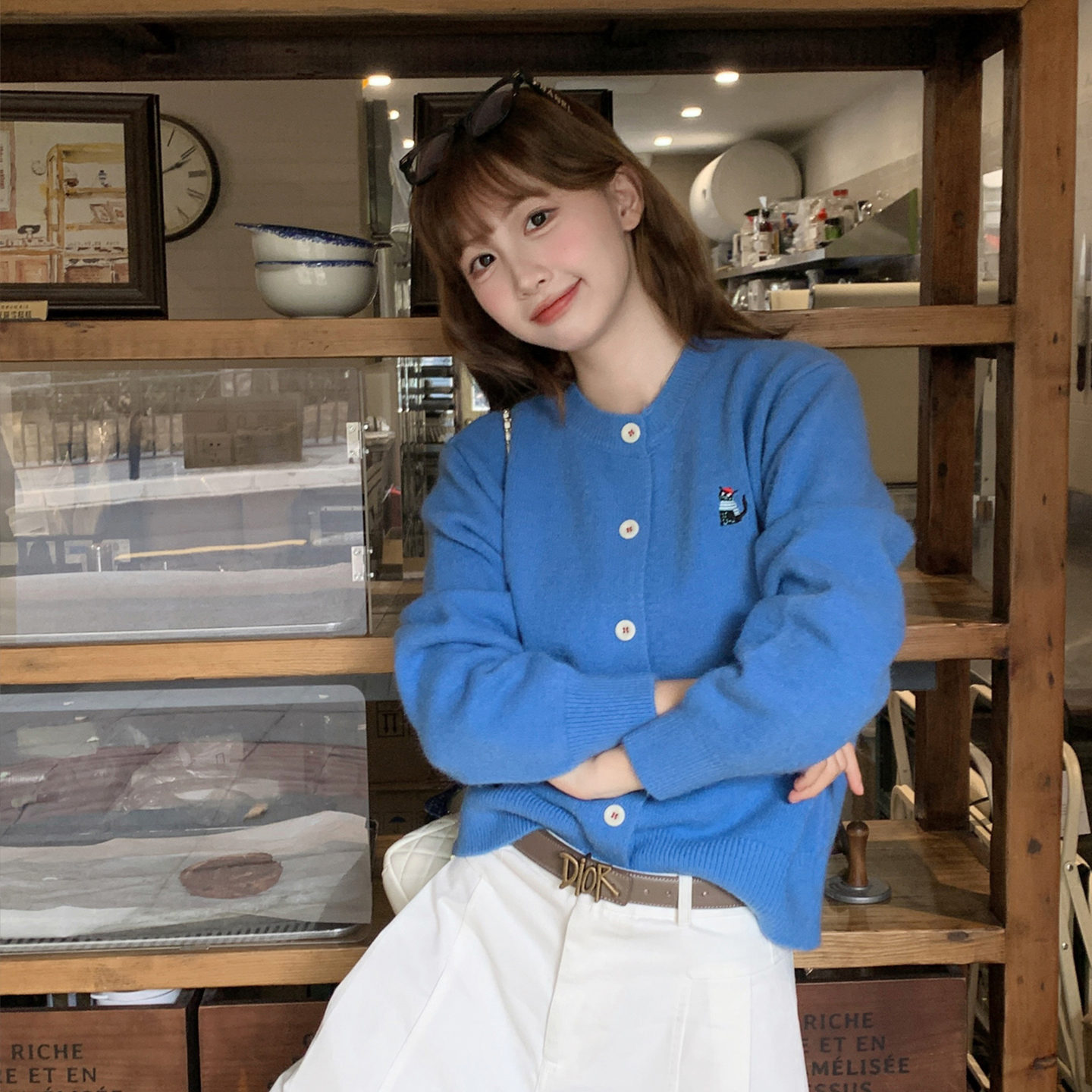 蓝色毛衣开衫外套女外穿2025新款秋冬韩系穿搭针织打底上衣