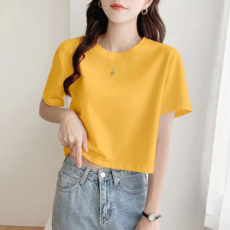 2025新款小个子短款t恤女宽松显瘦圆领半袖时尚小众纯色T恤上衣女
