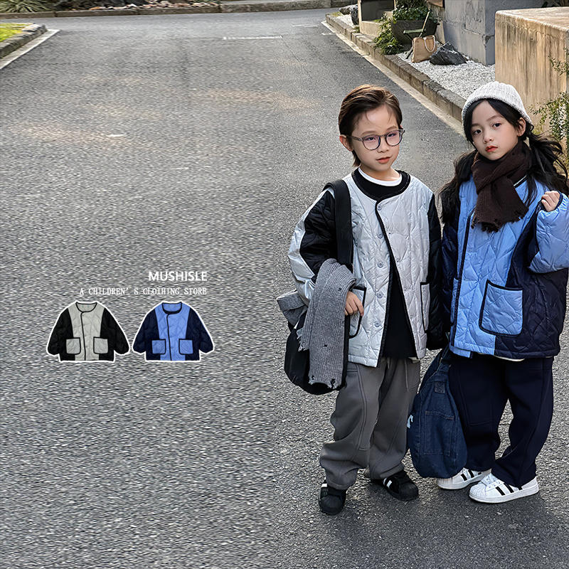 男童冬季撞色口袋羽绒服宽松儿童复古保暖83325D