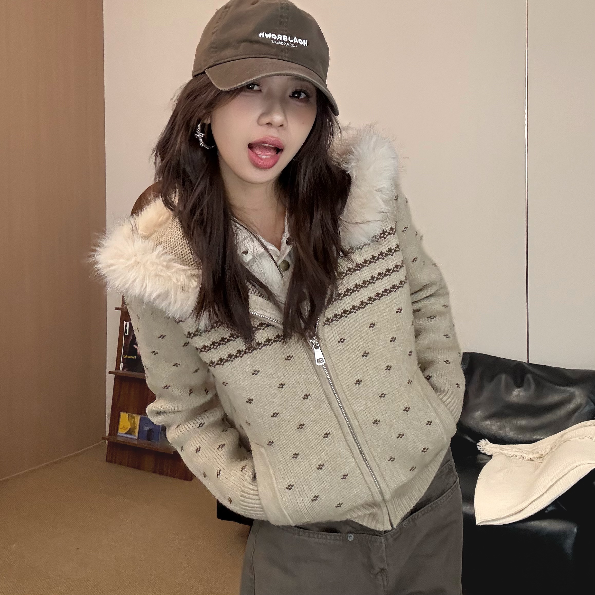 【花朵毛衣开衫】虎皮卷秋冬季毛领费尔岛外套女针织开衫S251108