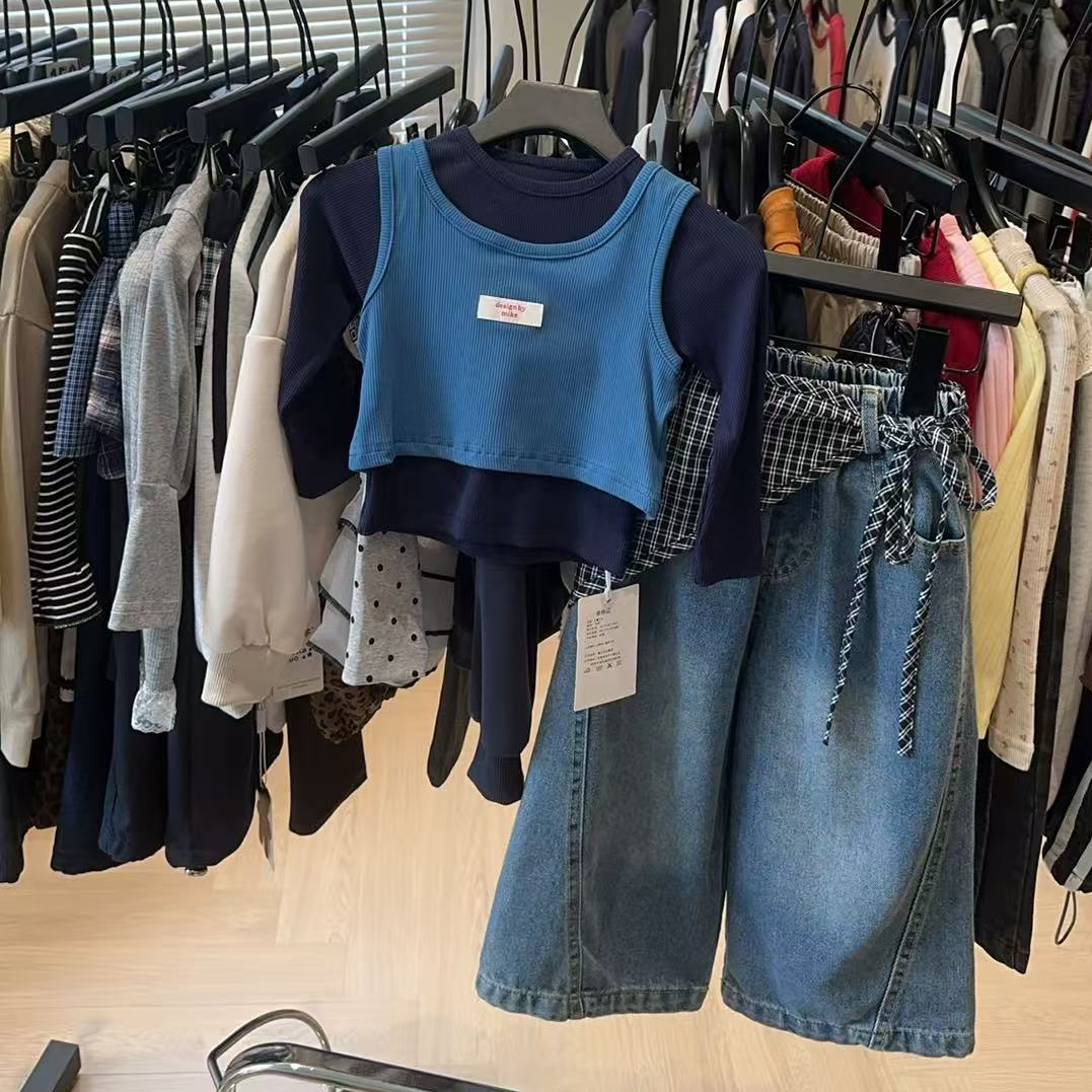 女童长袖t恤背心两件套叠穿设计师款秋装上衣多巴胺套装