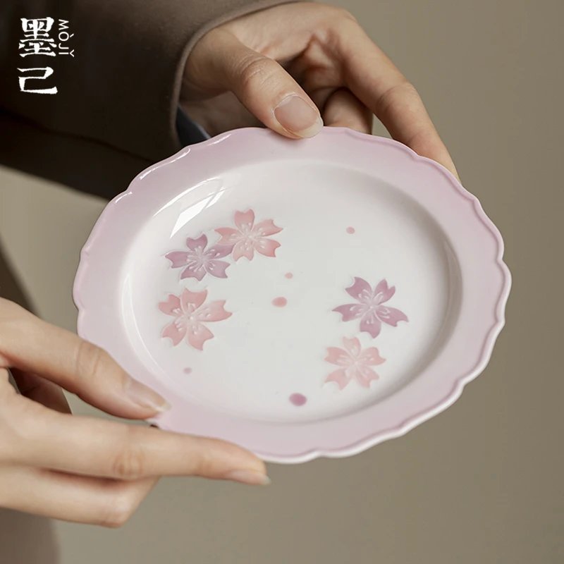 墨己有田烧手绘立体樱花花瓣壶承功夫茶具日式陶瓷茶点盘茶道配件