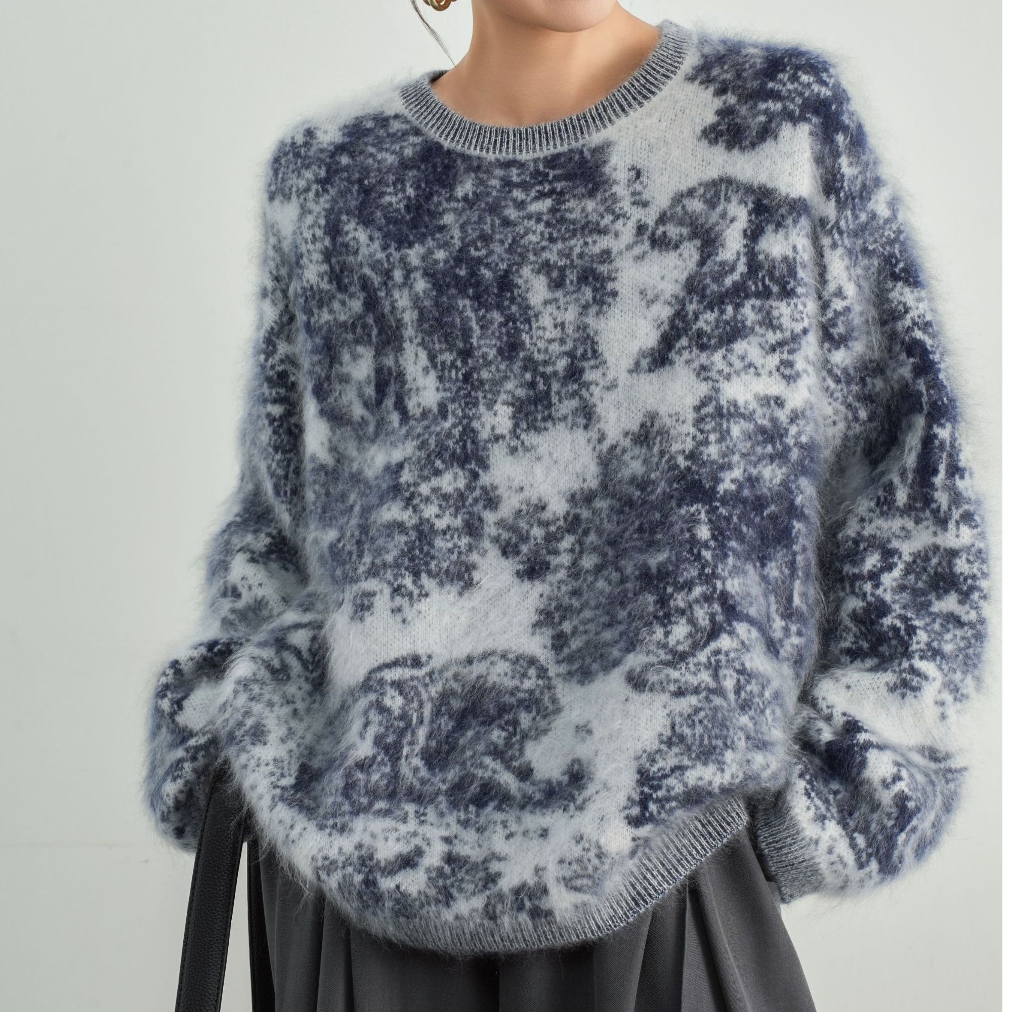 【迪小奥】100%纯山羊绒秋冬高级感拉绒衫宽松毛衣女圆领提花针织衫