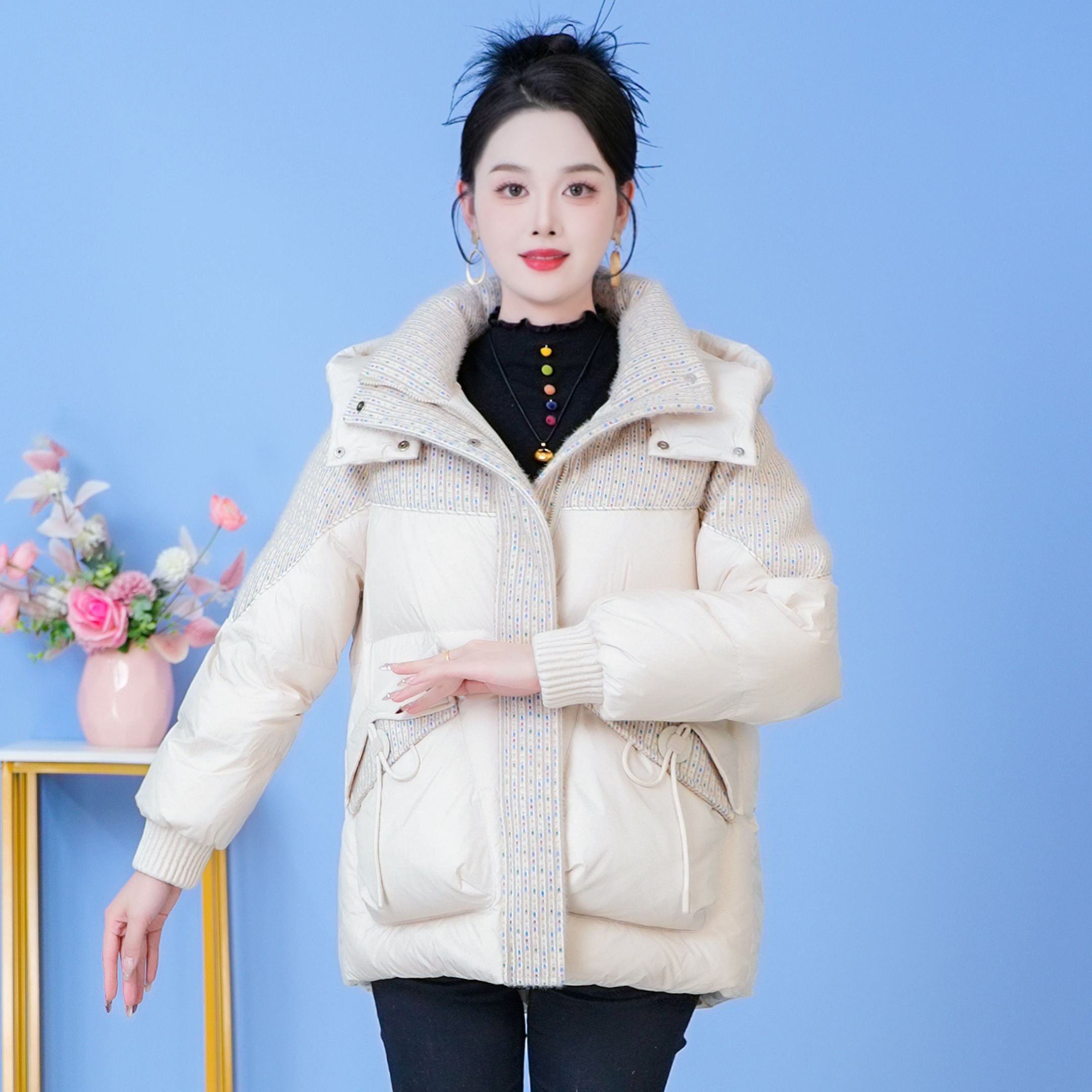 连帽拼色气质保暖时尚加厚羽绒服新款宽松2025年冬季【SJYH3922】