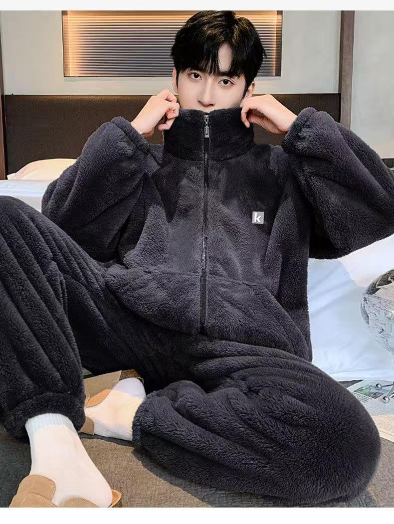男女同款雪花绒立领家居服大码宽松加厚暖绒冬款套装可外穿