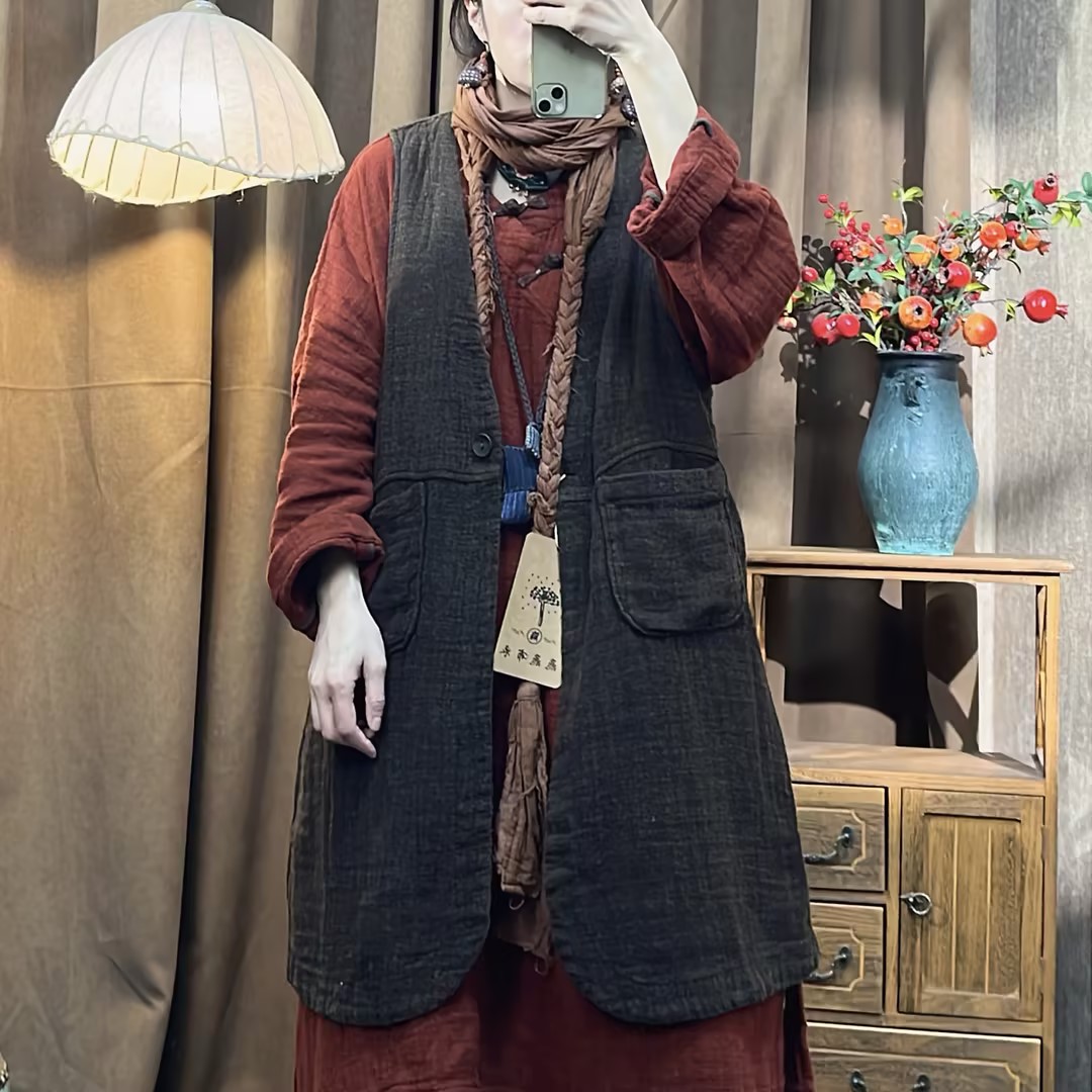 复古色织亚麻炒色大口袋中长款马甲（衣长90胸围120）