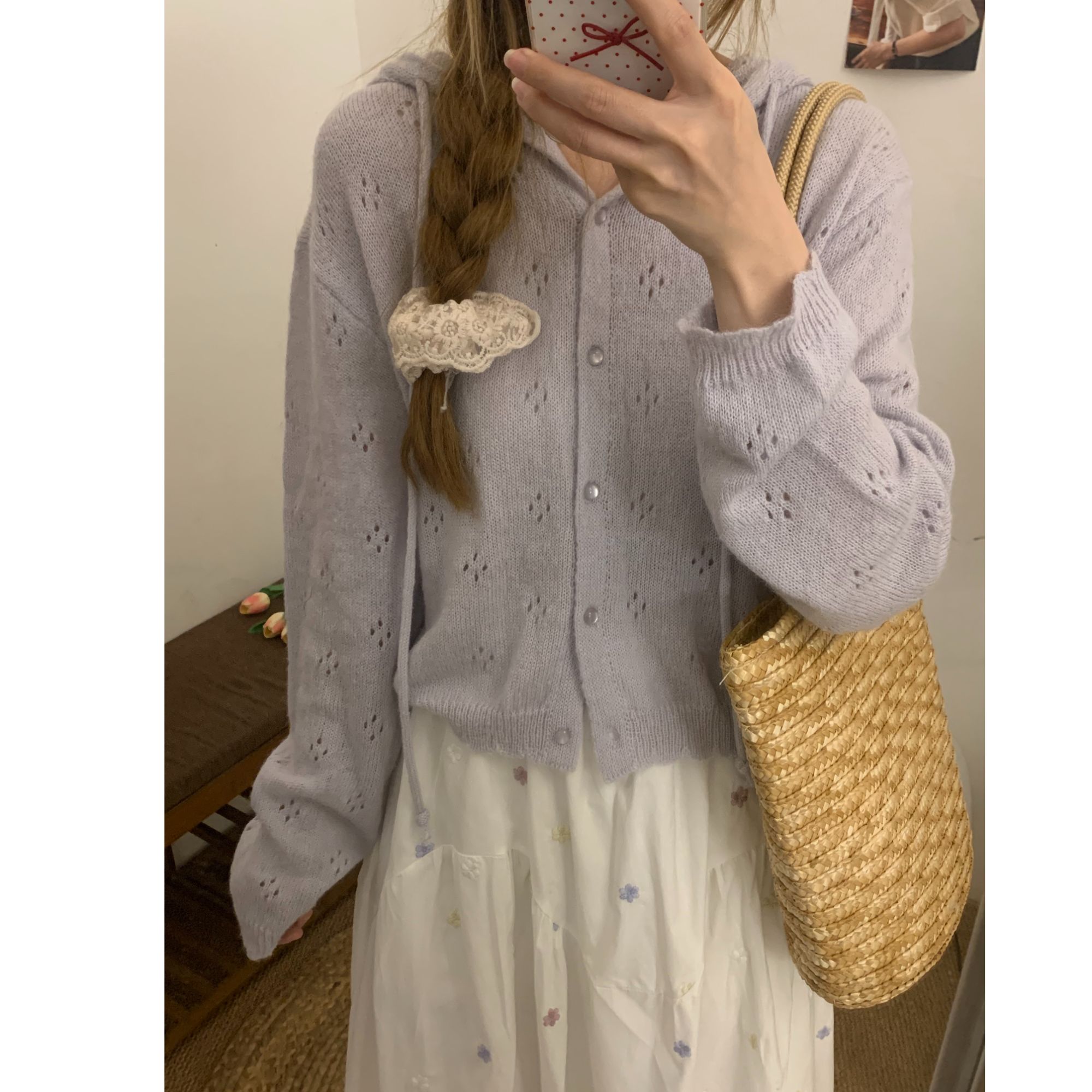 韩系连帽镂空设计薄款针织衫百搭减龄开衫半裙两件套