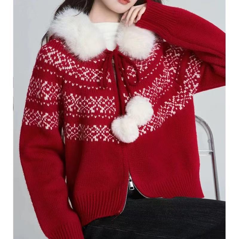 复古连帽红色毛衣外套女冬季费尔岛新年圣诞穿搭针织开衫-5813