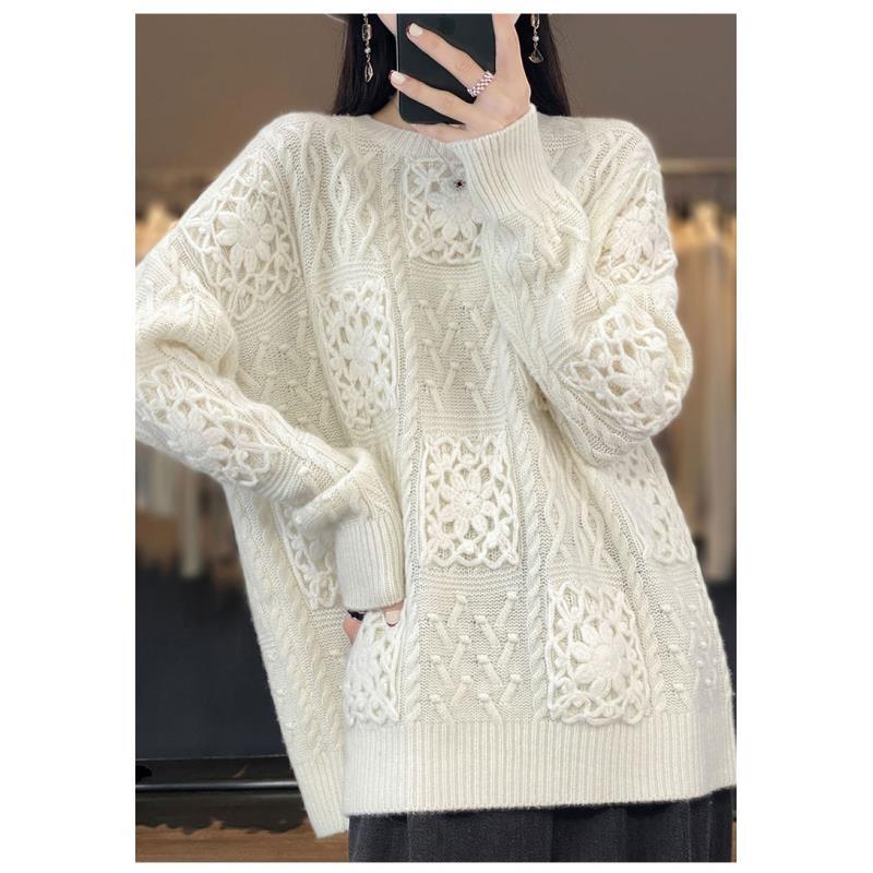 100%羊毛三五七针重磅加厚镂空钩花毛衣宽松慵懒风打底衫D265