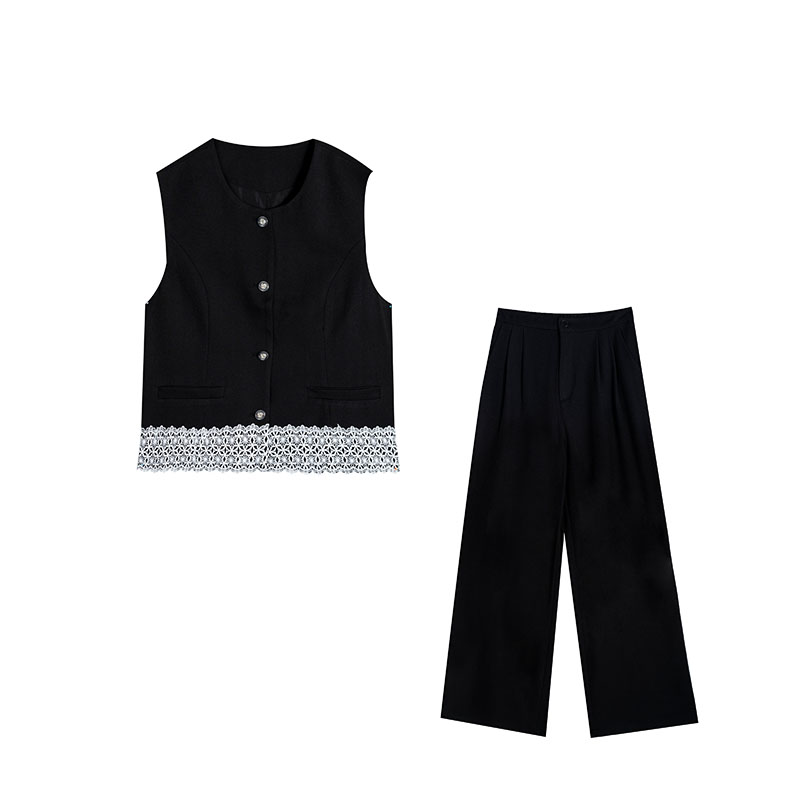 乔（女装）039 气质显瘦蕾丝拼接马甲阔腿裤时尚两件套装