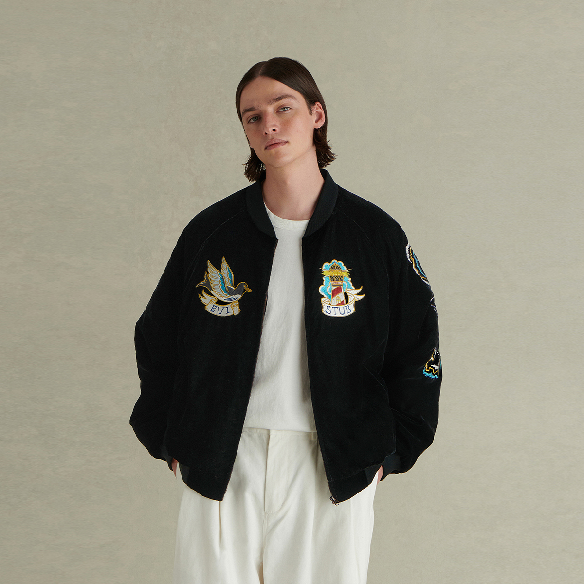 EVISTUB 丝绒横须贺刺绣融合复古棒球领飞行员薄棉服夹克男冬