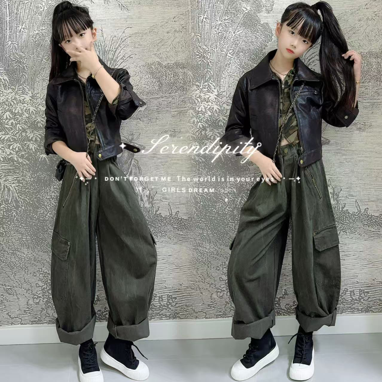 女童复古pu皮衣夹克机车服短外套军绿色拉链工装秋套装酷飒潮穿搭