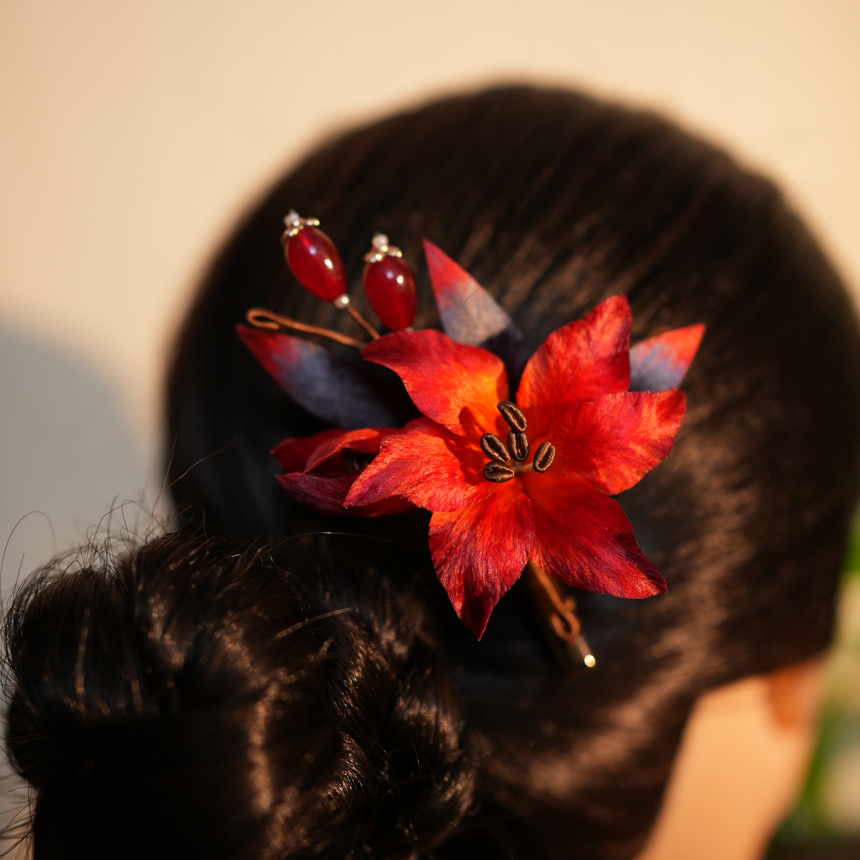 【百合花发夹】新年红色 非遗绒花工艺 手工制作