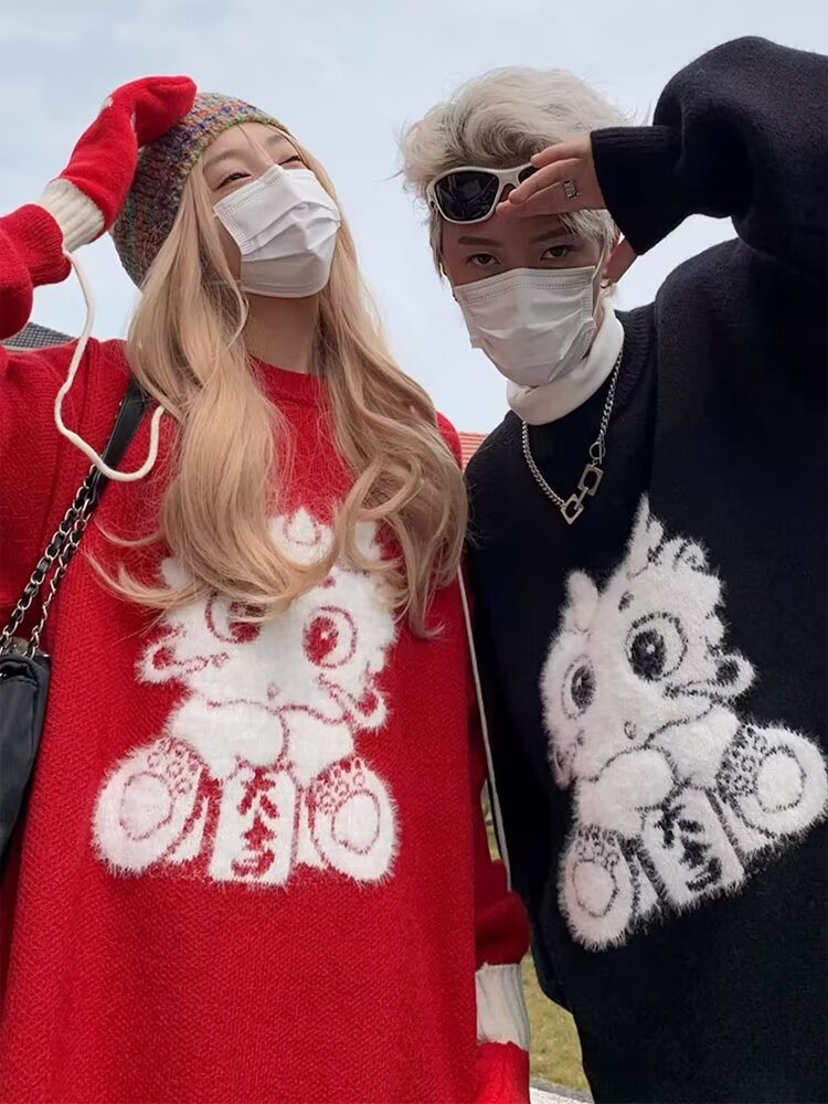 2025秋冬龙圣诞宽松圆领百搭针织情侣装加厚红色上毛衣时尚新年