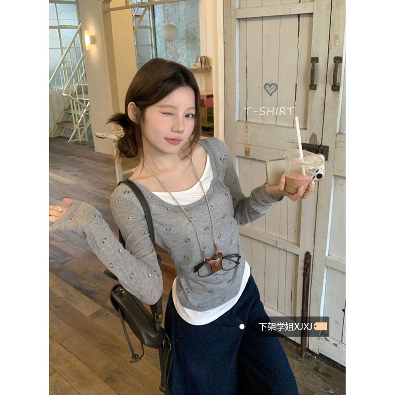 韩系独特别致假两件罩衫上衣女夏季2025新款小众设计薄款长袖T恤