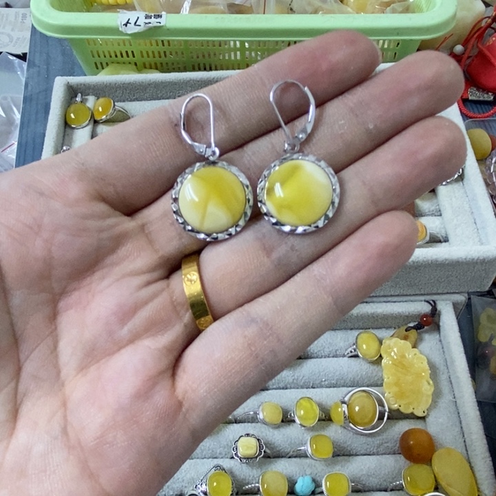 蜜蜡裸石银S925镶嵌耳扣