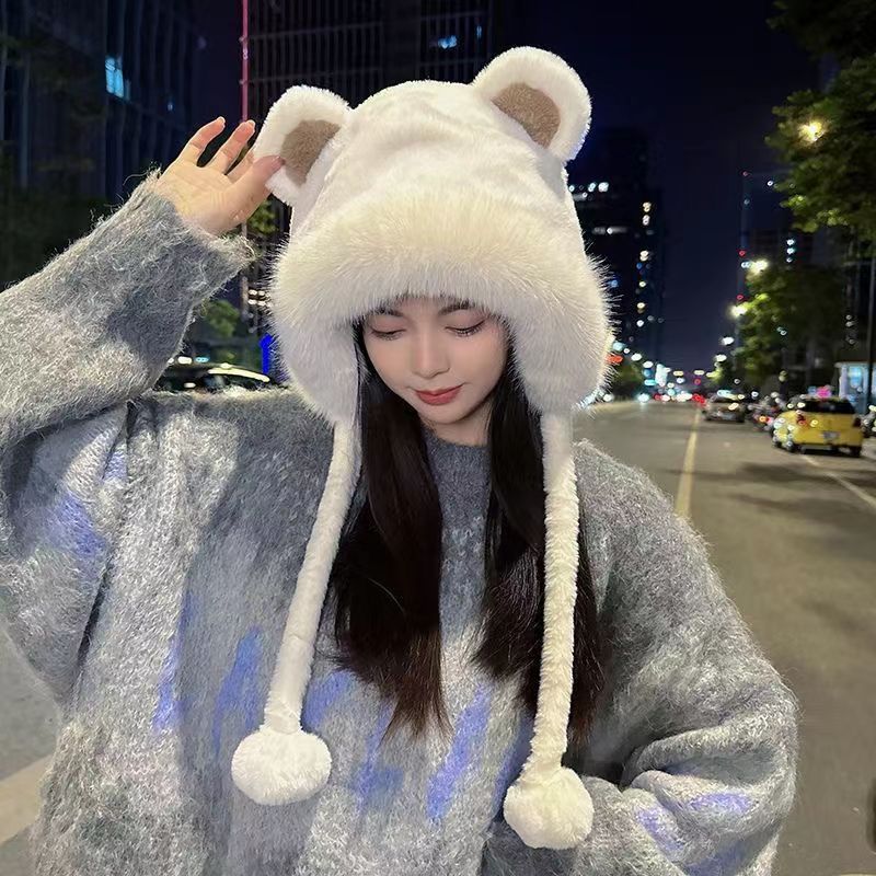  帽子女秋冬季小熊耳朵时尚百搭毛绒帽护耳保暖帽子