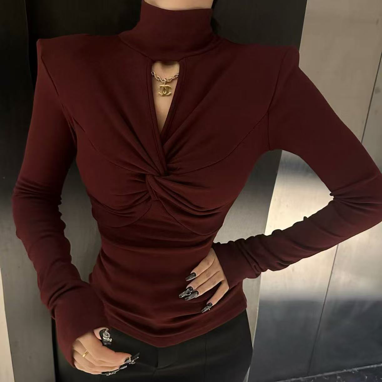 内搭小心机~纯欲加厚纽结镂空高领上衣显瘦百搭打底衫冬T恤