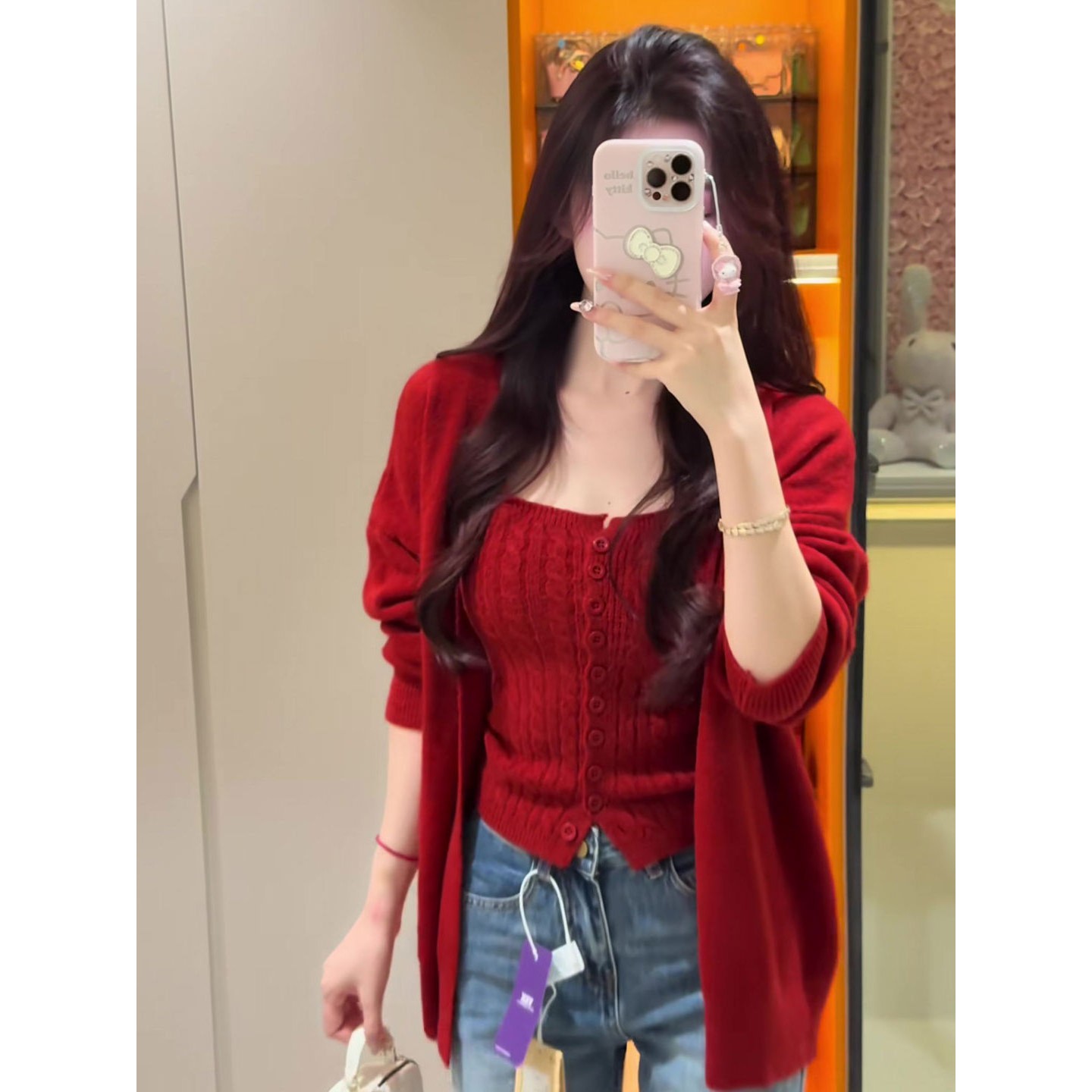 小香风红色毛衣套装女2025新款早秋季穿搭针织开衫外套背心两件套