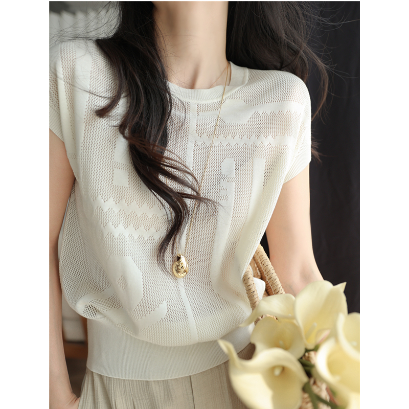 100莱赛尔 几何提花网眼镂空短袖针织衫舒爽透气圆领T恤上衣女夏