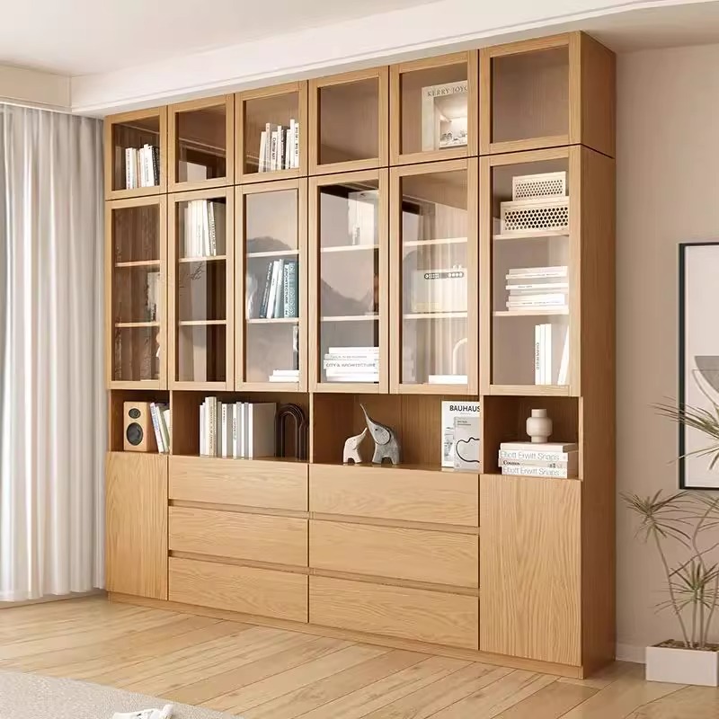 橡木书柜家用带玻璃门展示柜客厅一体靠墙儿童书架落地实木置物架