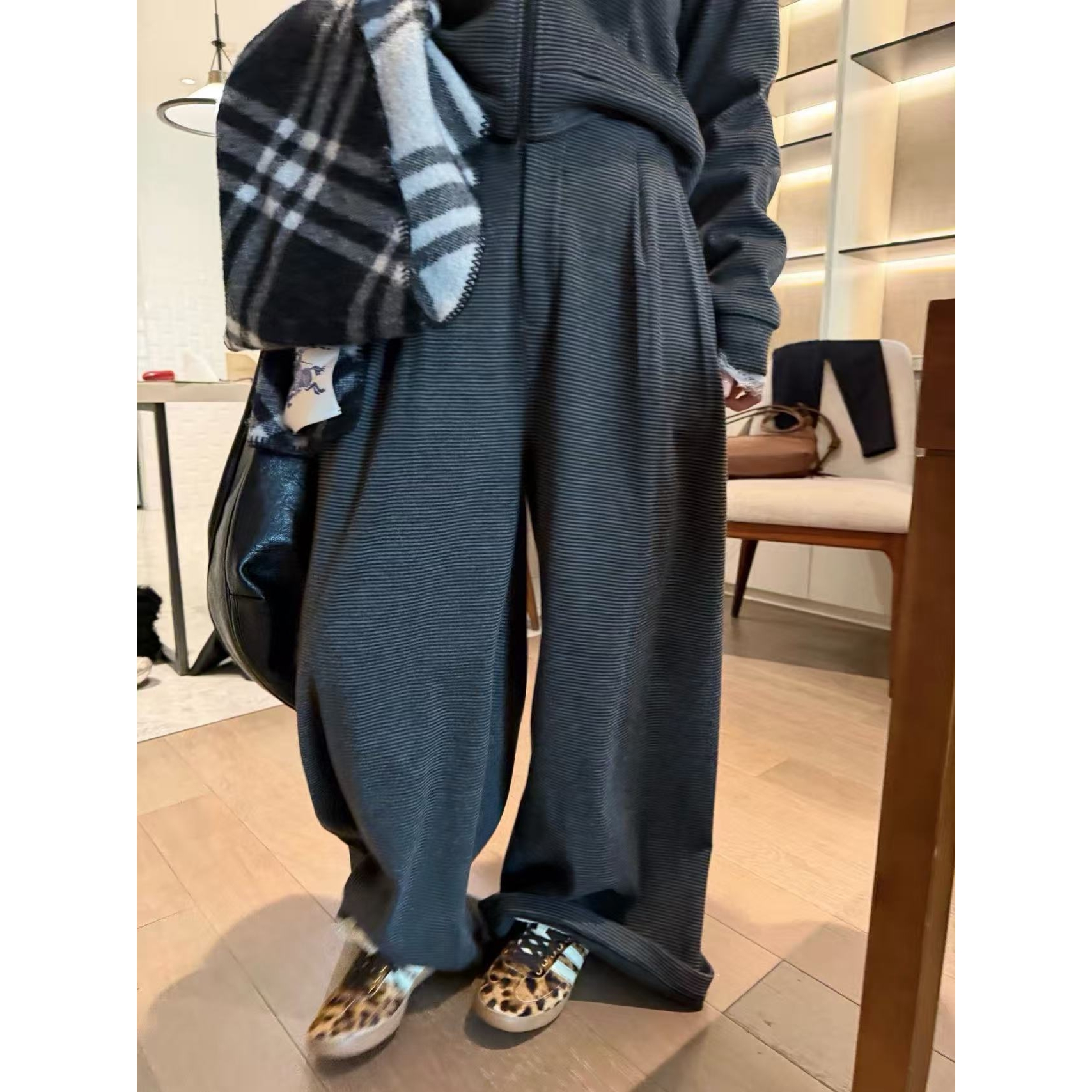 SP 条纹阔腿休闲卫裤女秋冬高腰宽松显瘦慵懒长裤子