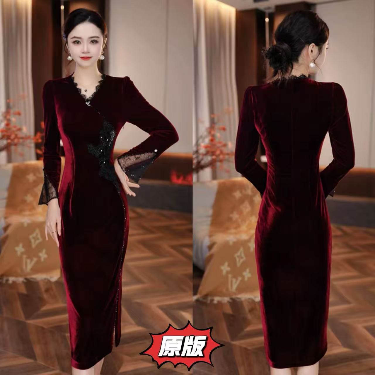 【丝绒绣影】高档丝绒时尚连衣裙2025秋季新款显瘦洋气轻奢减龄裙子