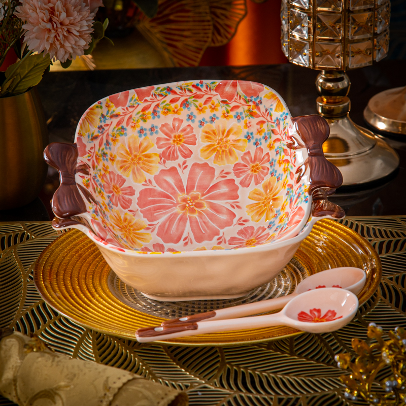 【Diacelain】高端陶瓷餐具蒲公英8.5英寸双耳蝴蝶结面碗带勺子