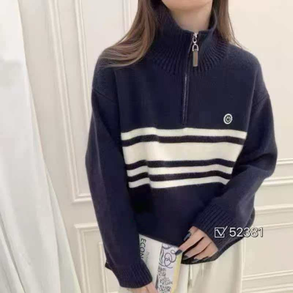 8869-3-CQ藏蓝色新款半拉链中间条纹针织上衣（80-135）