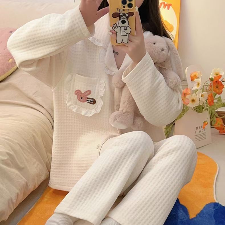 空气棉夹层睡衣女秋冬季长袖长裤加厚保暖家居服冬款套装