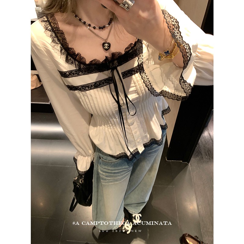 LUU桃喜儿/莱赛尔方领蕾丝复古衬衫女秋冬设计感白色长袖百搭上衣