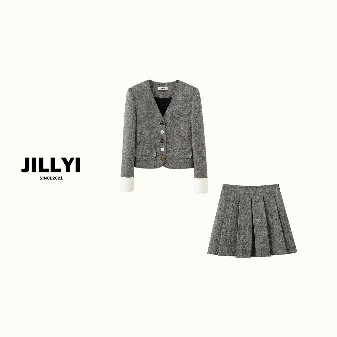 JILLYI南山店【月夜树影】灰色V领彩色扣西装外套+灰色百褶裙气质套