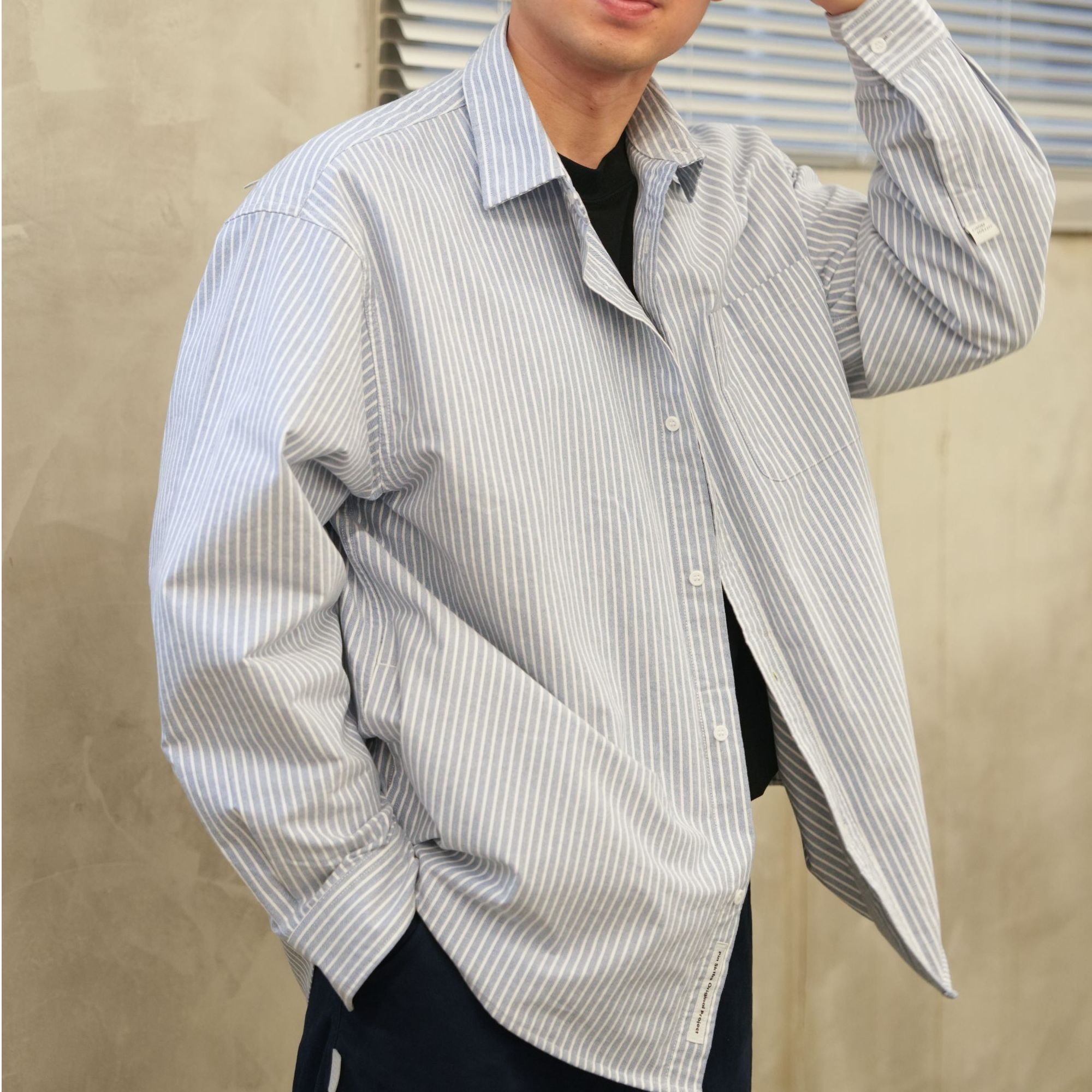 PIN SKTBS条纹秋冬吸汗长袖休闲男士衬衫宽松纽扣男装衬衫