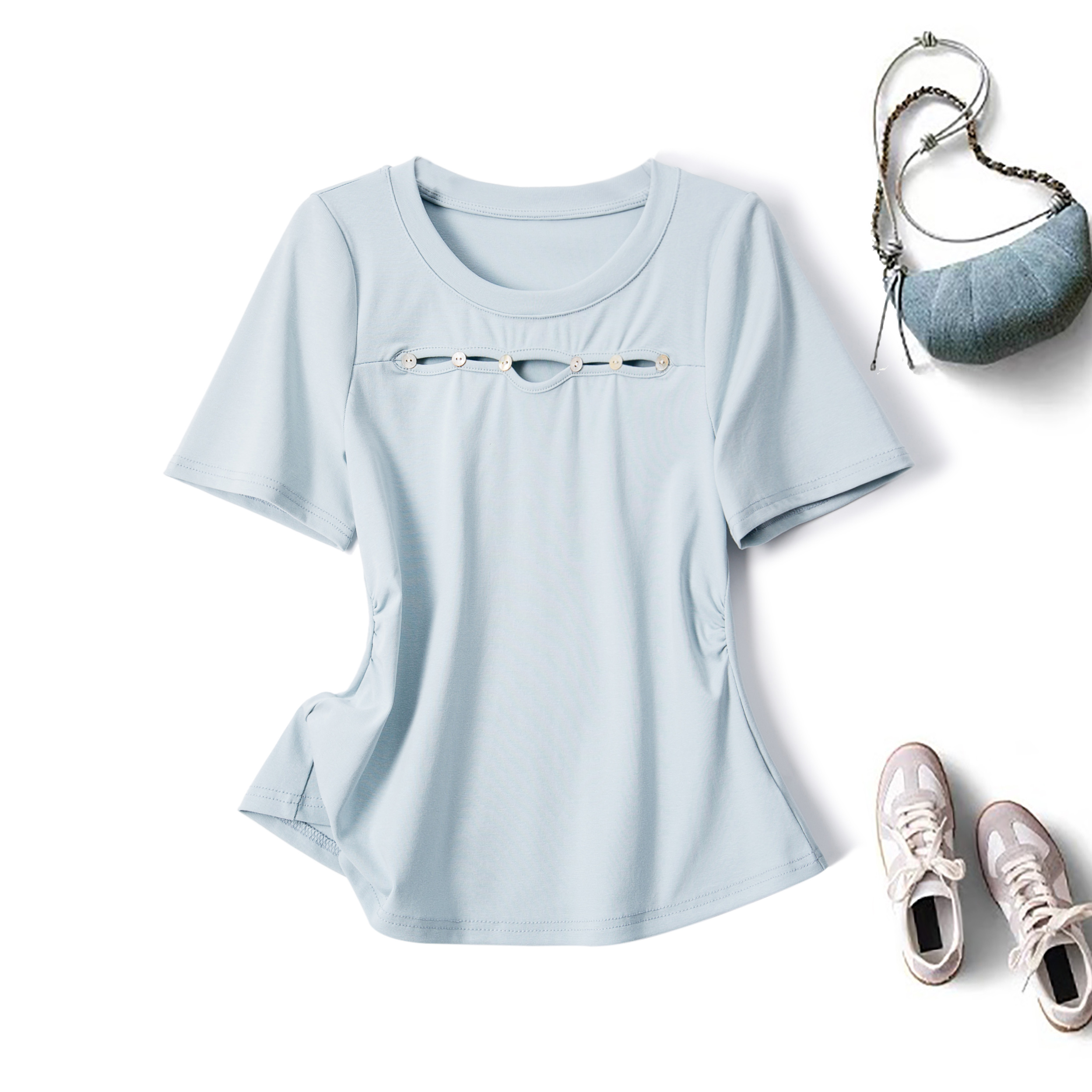 尚秀大码女装2025夏季时尚胖mm镂空短袖T恤正肩显瘦圆领上衣64500