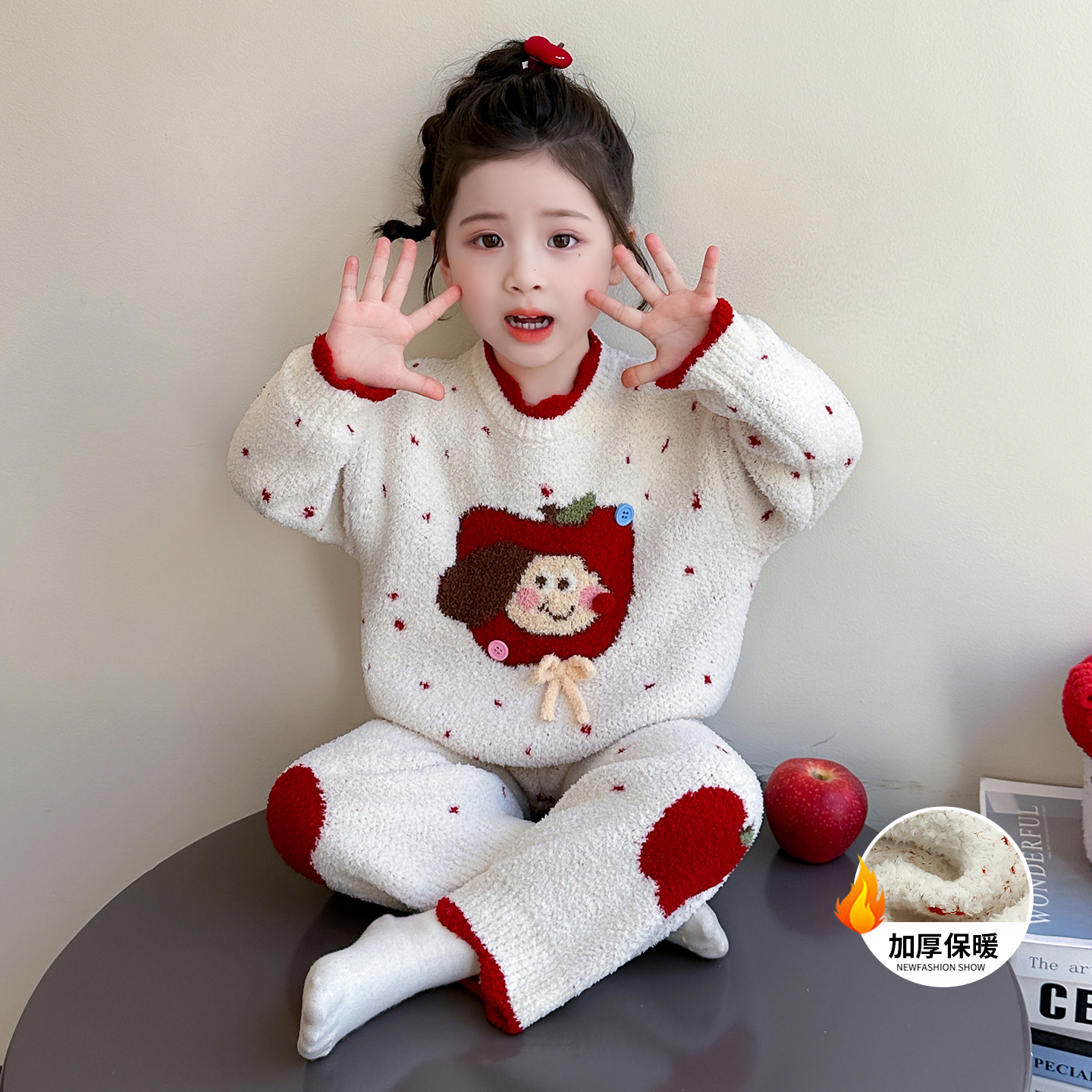 女童睡衣半边绒加厚秋冬款25新款儿童保暖加绒女宝宝家居服两件套