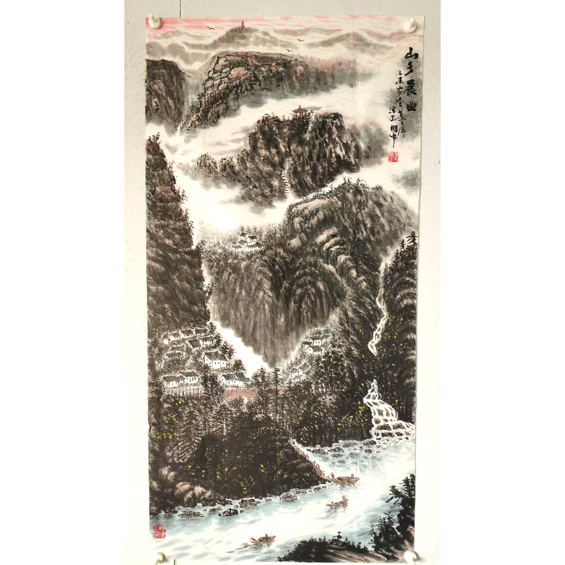 4332 纯手绘老字画《山乡晨曲》中堂  尺寸 137×68