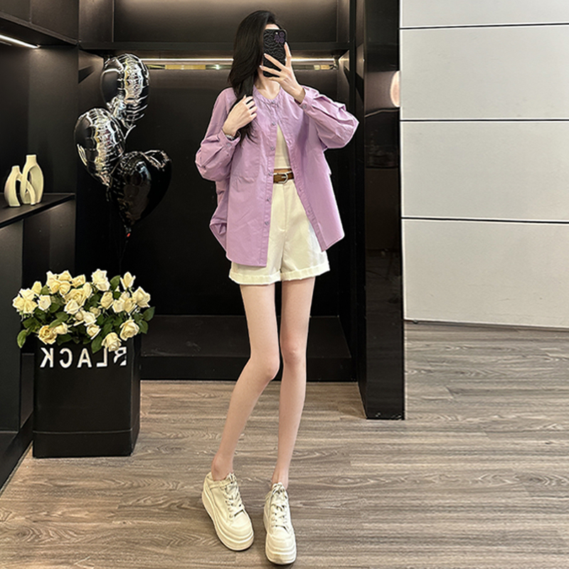 411-420长袖秋季纯色休闲圆领衬衫时尚薄款韩版网红【非主图款】