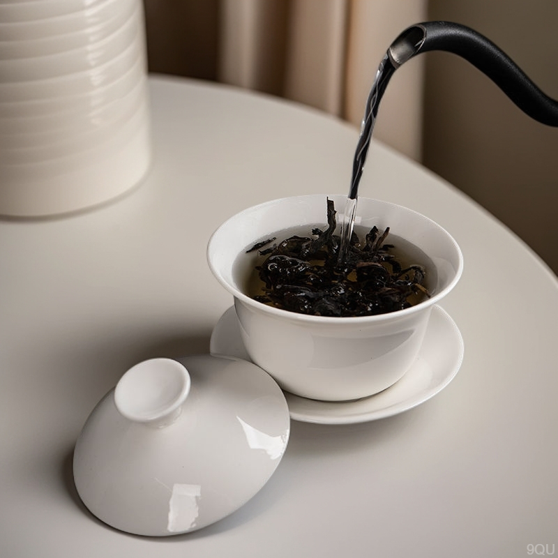 羊脂玉盖碗功夫茶具盖碗泡茶三杯家用烫手不三才盖碗新手盖碗