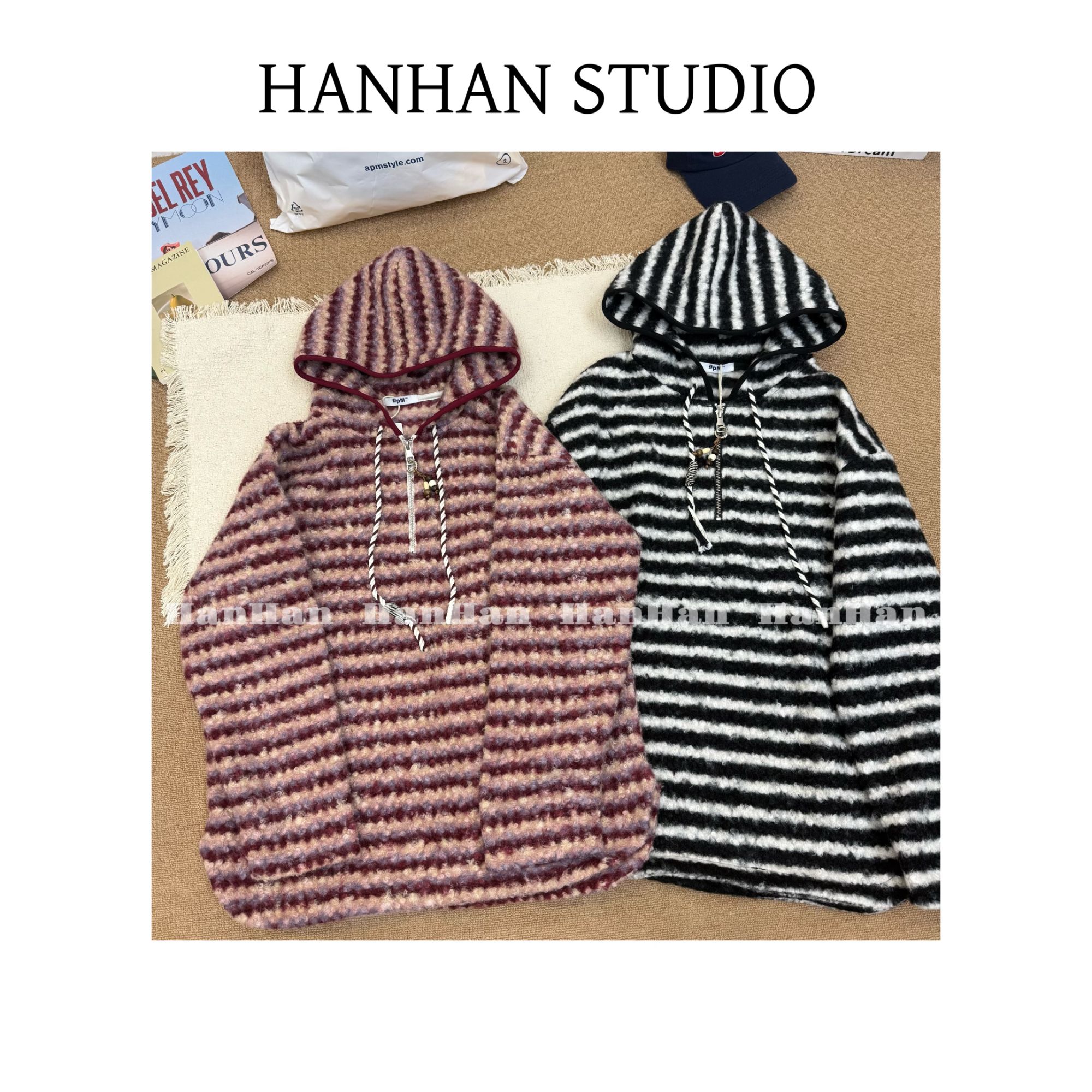 HANHAN - 「条纹」韩单撞色条纹连帽减龄加厚宽松长袖百搭打底